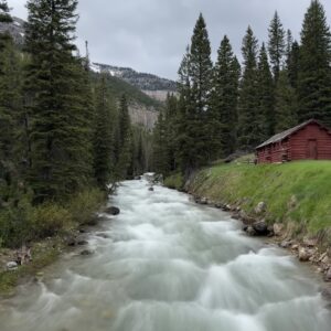 Red Cabin River Long Exposure Glass (Portrait)